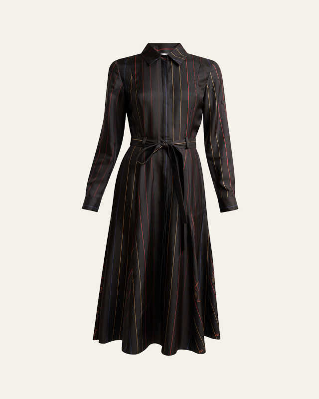 Galway Striped Silk Belted Midi Shirtdress
